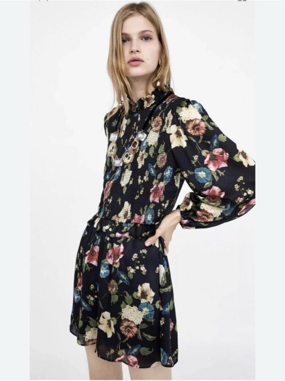 Zara Black Floral Long-Sleeve Mini Romper